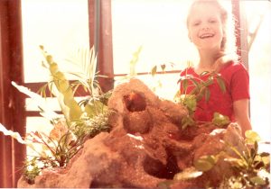 My younger daughter, Amber, posing behind my first fountain, now called Serenity shape